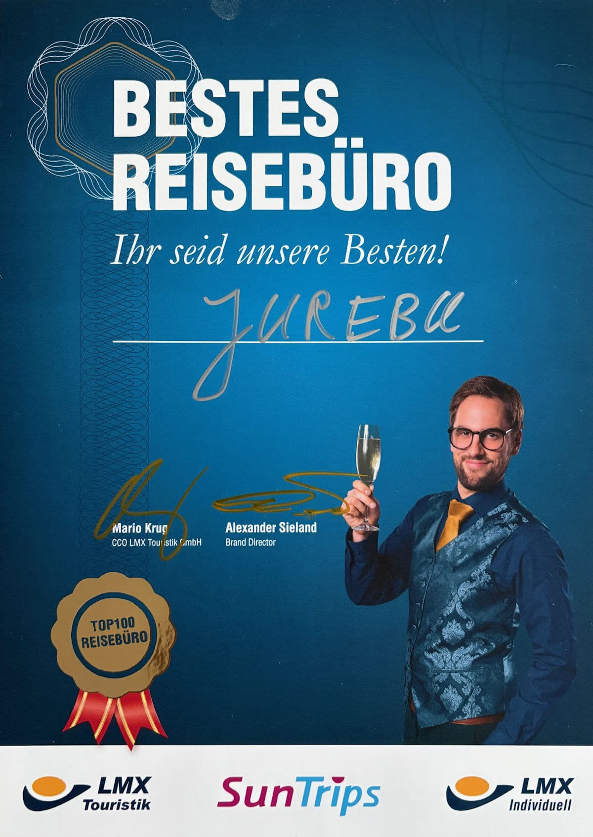 JUREBU – Bestes Reisebüro 2023 bis 2025, TOP 100 Reisebüro von LMX Touristik