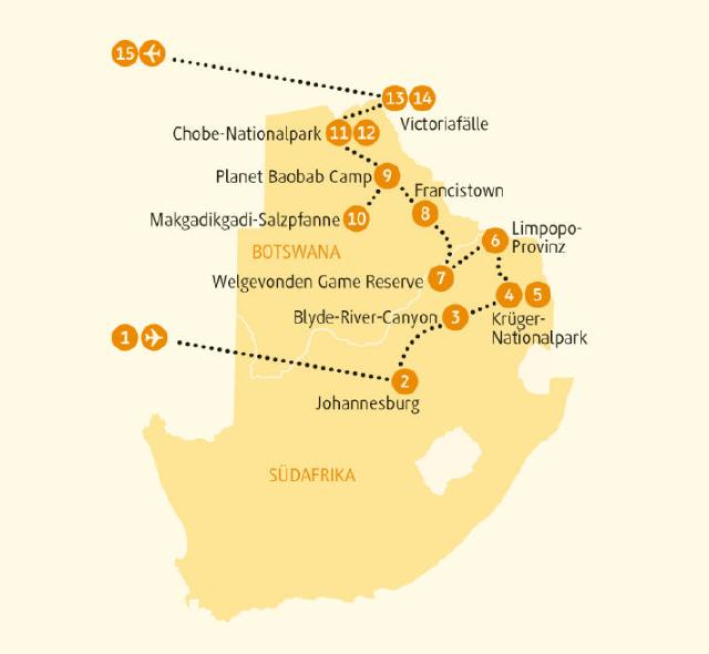 Botswana Südafrika Route