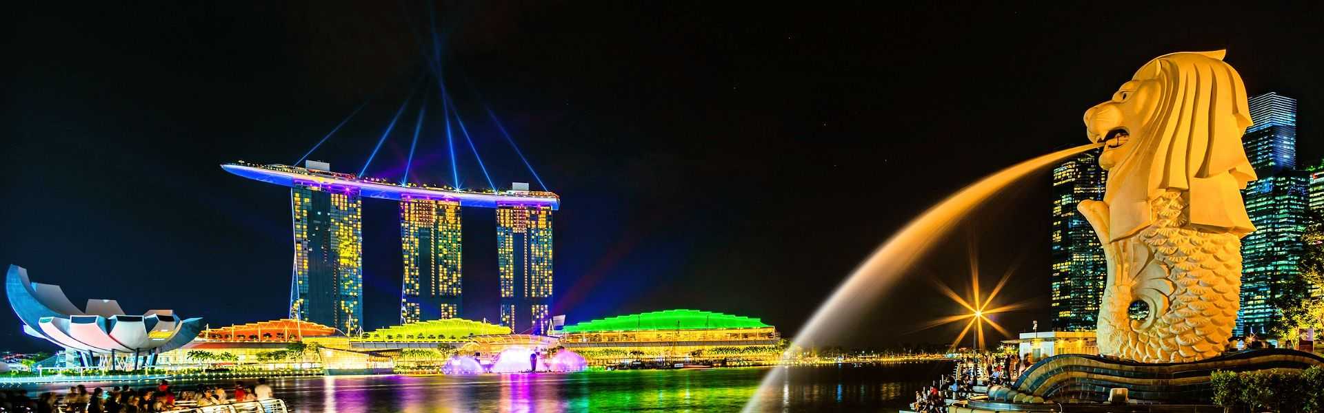 Nächtliche Skyline von Singapur mit Marina Bay Sands und Merlion