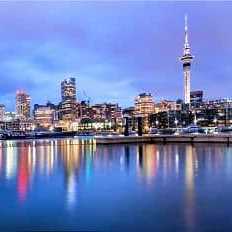 Skyline von Auckland, Neuseeland bei Nacht mit beleuchtetem Sky Tower