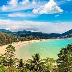 Blick auf den Kamala Beach auf Phuket mit Palmen und türkisfarbenem Meer