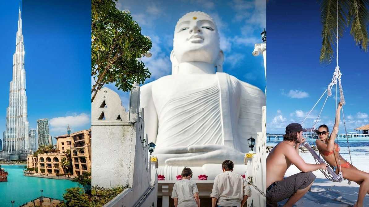 Collage mit Burj Khalifa in Dubai, weißer Buddha-Statue in Asien und einem Paar am Strand auf den Malediven