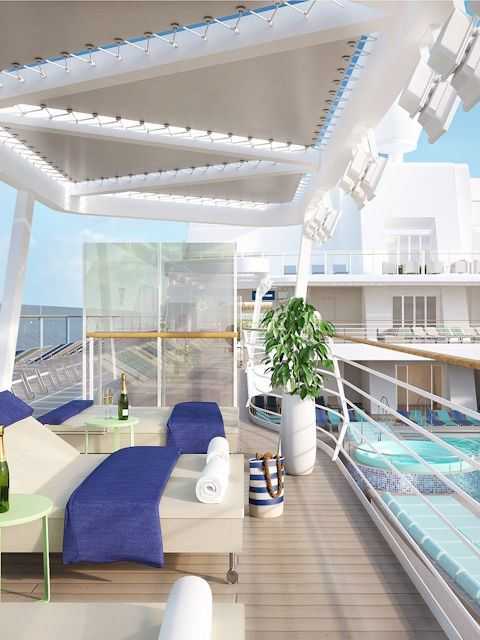 Luxuriöser Entspannungsbereich an Bord der Mein Schiff 2 – TUI Cruises buchen Elegante Sonnenliegen und privater Poolbereich auf dem Sonnendeck eines TUI Cruises Mein Schiff 2